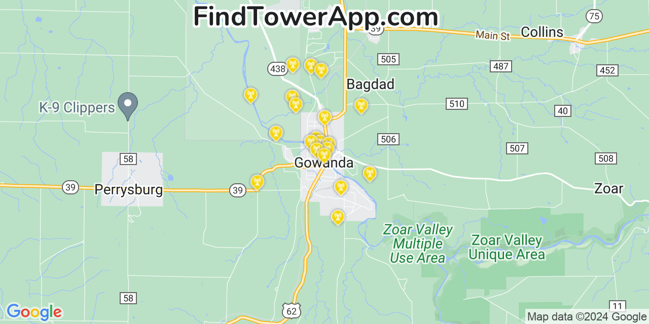 AT&T 4G/5G cell tower coverage map Gowanda, New York