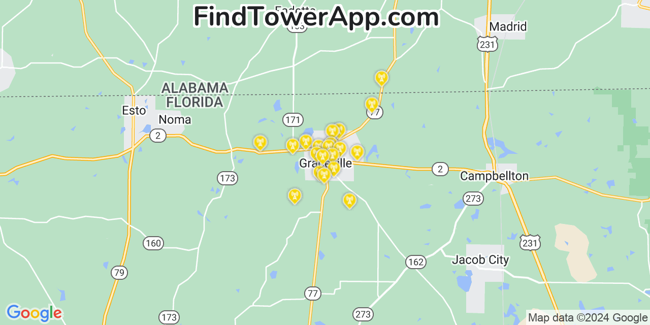 AT&T 4G/5G cell tower coverage map Graceville, Florida