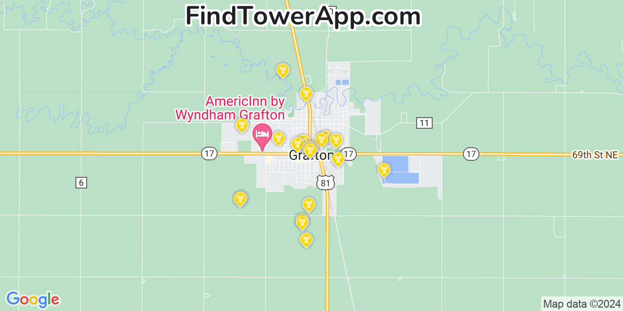AT&T 4G/5G cell tower coverage map Grafton, North Dakota