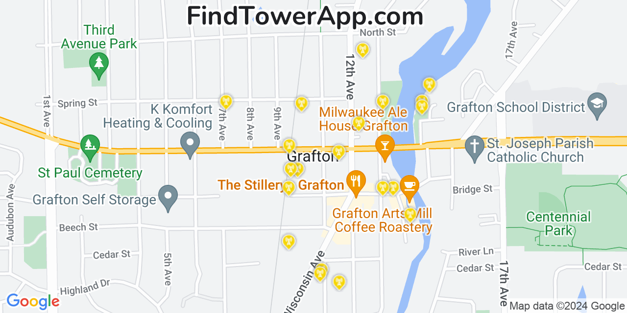 AT&T 4G/5G cell tower coverage map Grafton, Wisconsin