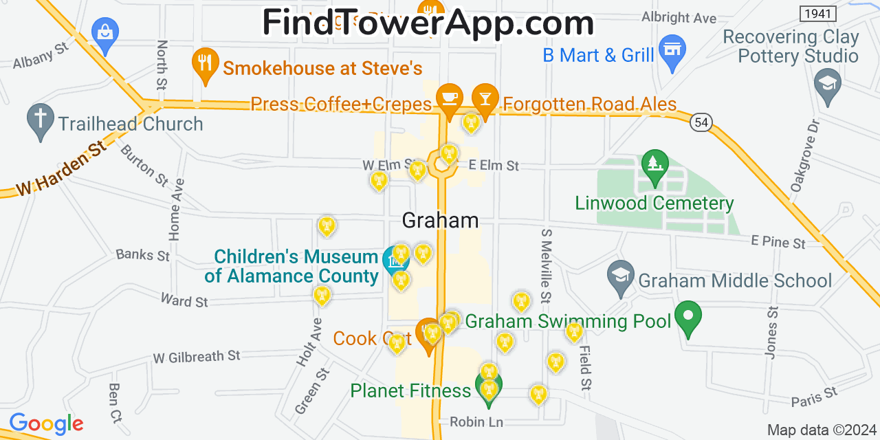 AT&T 4G/5G cell tower coverage map Graham, North Carolina