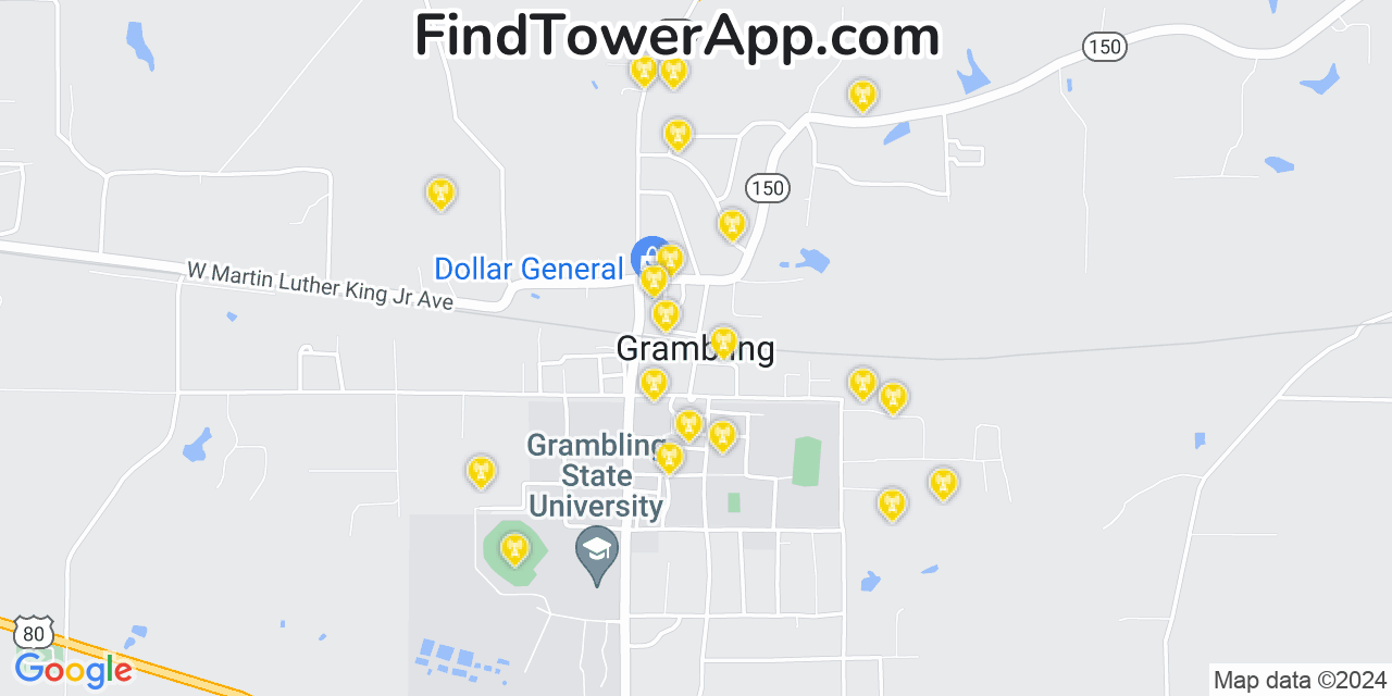 AT&T 4G/5G cell tower coverage map Grambling, Louisiana