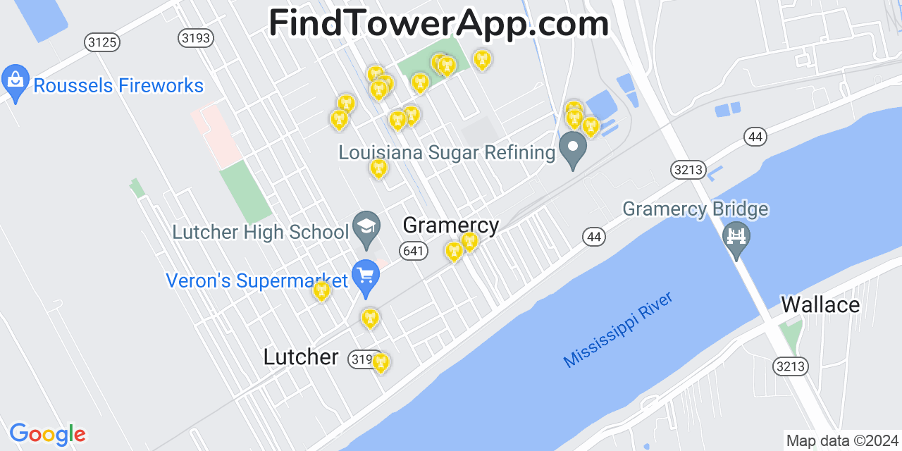 AT&T 4G/5G cell tower coverage map Gramercy, Louisiana