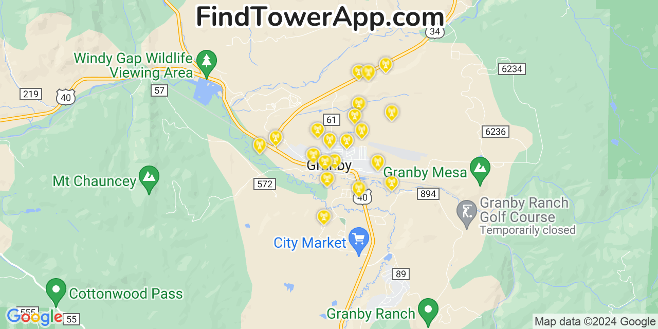 AT&T 4G/5G cell tower coverage map Granby, Colorado