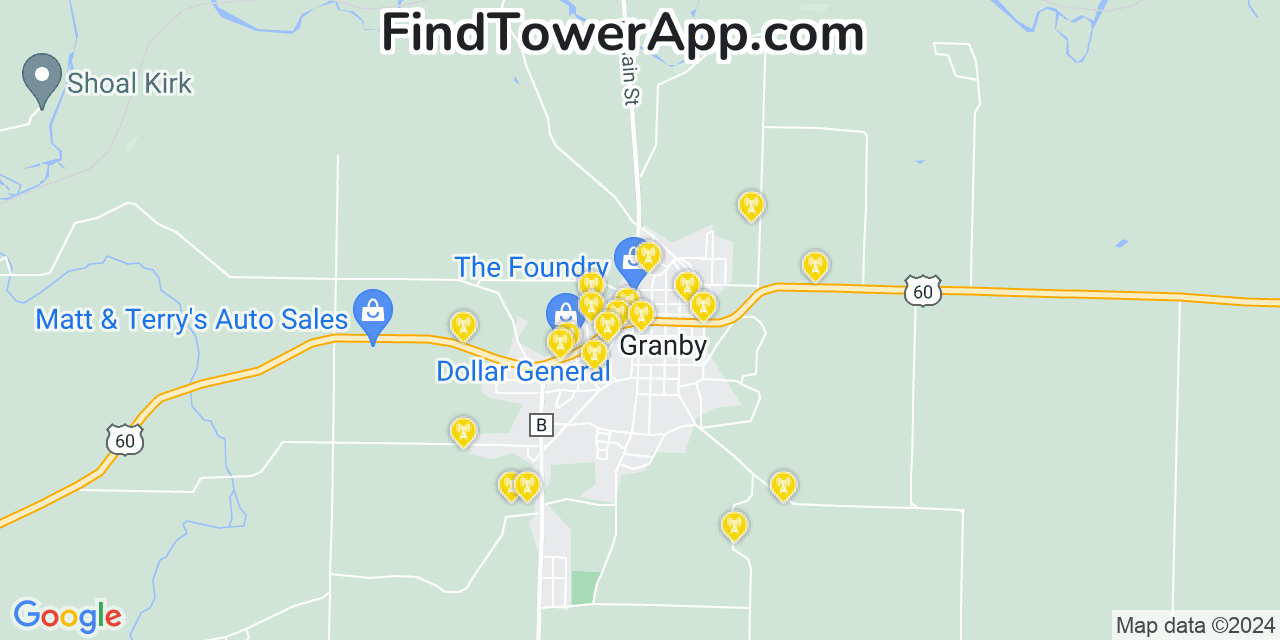 AT&T 4G/5G cell tower coverage map Granby, Missouri