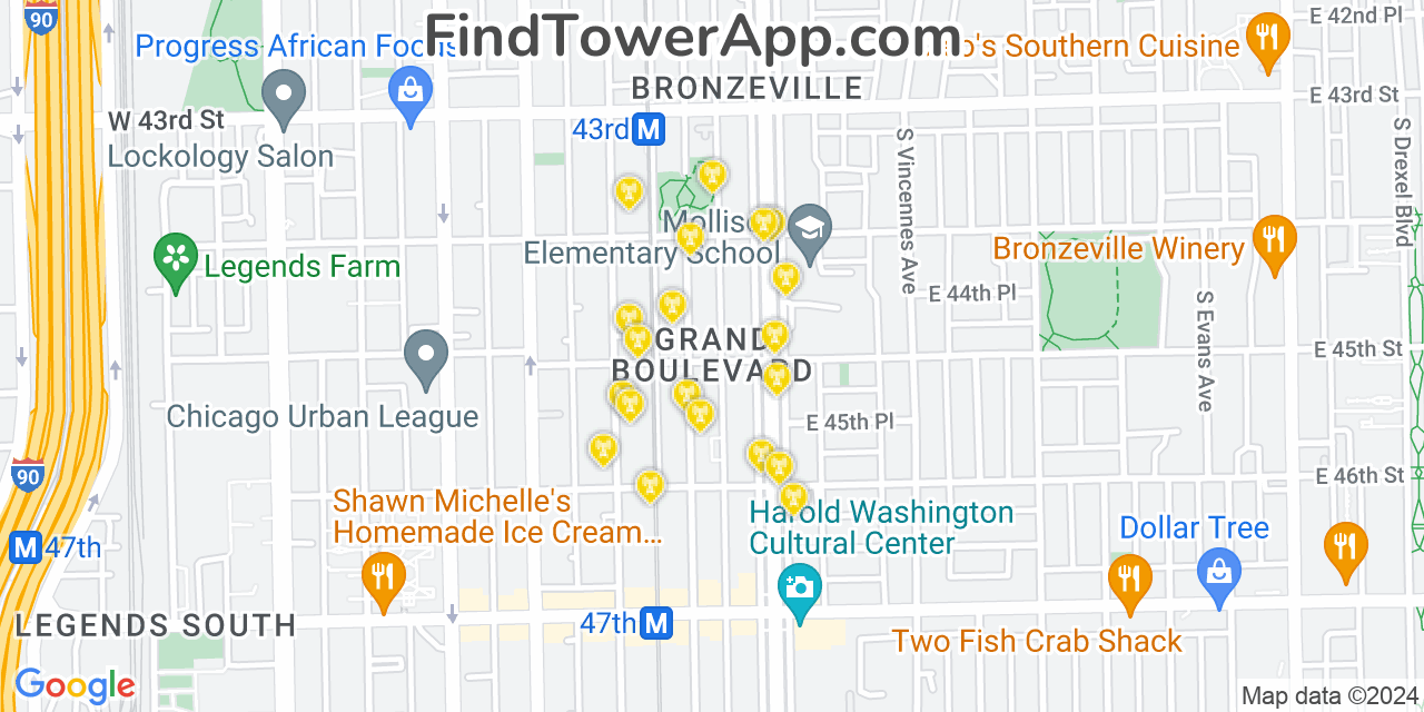 AT&T 4G/5G cell tower coverage map Grand Boulevard, Illinois