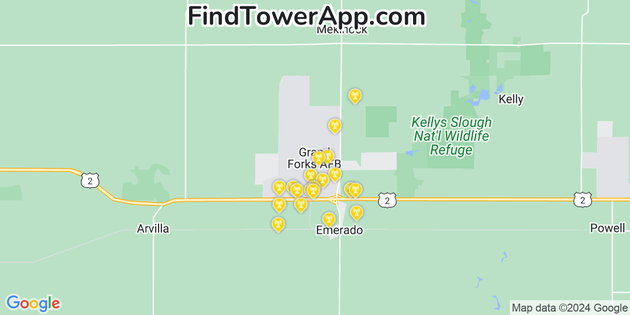 AT&T 4G/5G cell tower coverage map Grand Forks Air Force Base, North Dakota