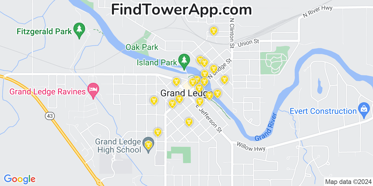 AT&T 4G/5G cell tower coverage map Grand Ledge, Michigan