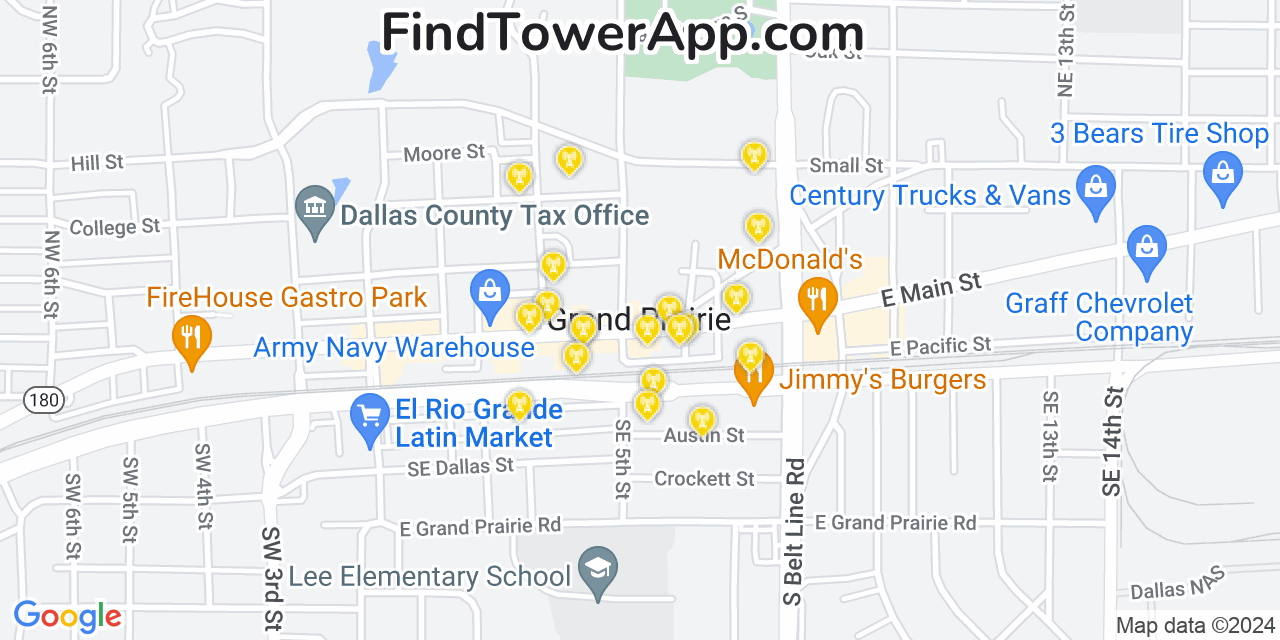 AT&T 4G/5G cell tower coverage map Grand Prairie, Texas