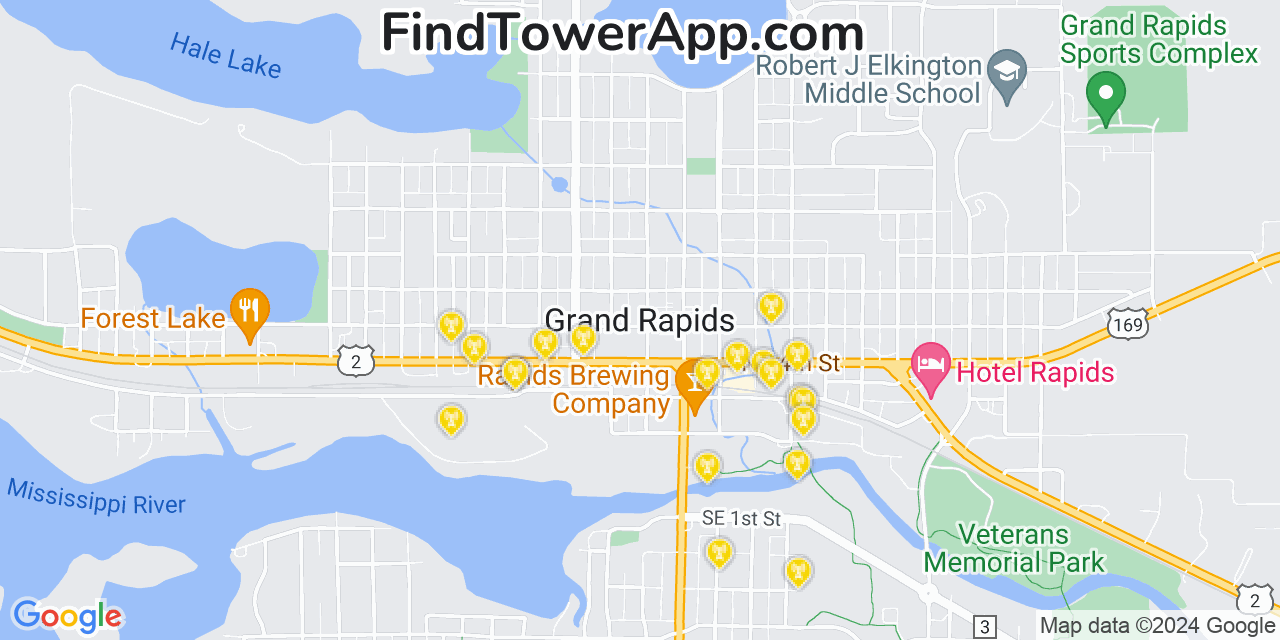AT&T 4G/5G cell tower coverage map Grand Rapids, Minnesota