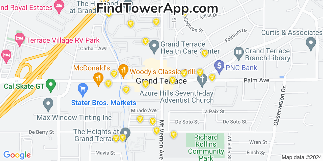 Verizon 4G/5G cell tower coverage map Grand Terrace, California