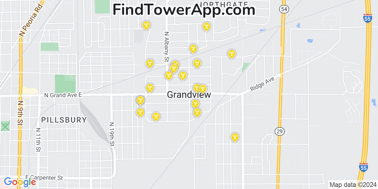 Verizon 4G/5G cell tower coverage map Grandview, Illinois