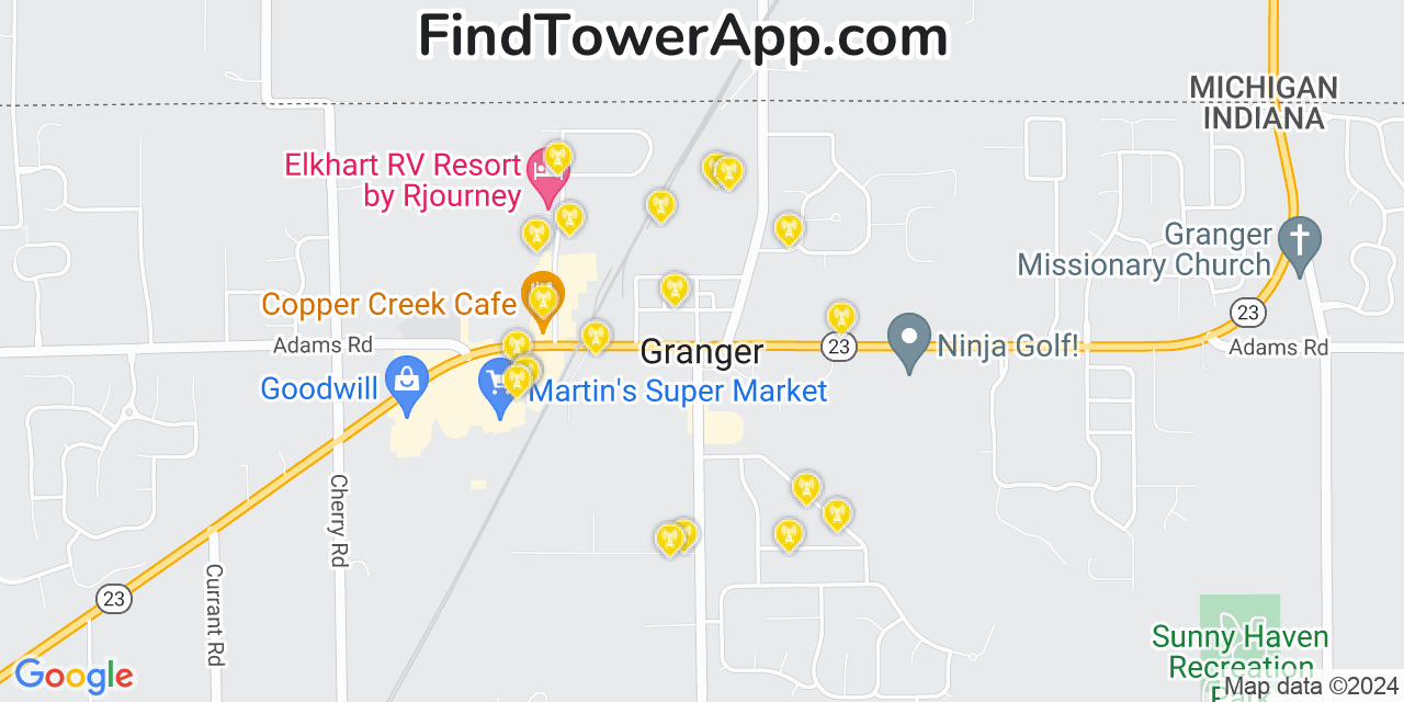 AT&T 4G/5G cell tower coverage map Granger, Indiana