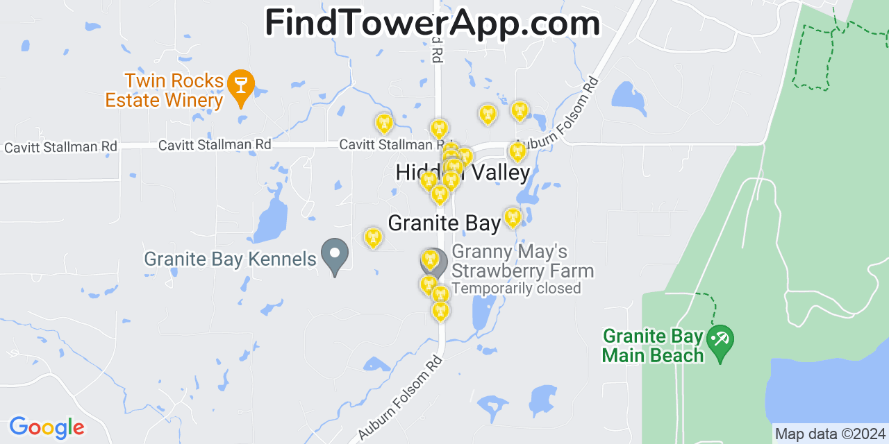 AT&T 4G/5G cell tower coverage map Granite Bay, California