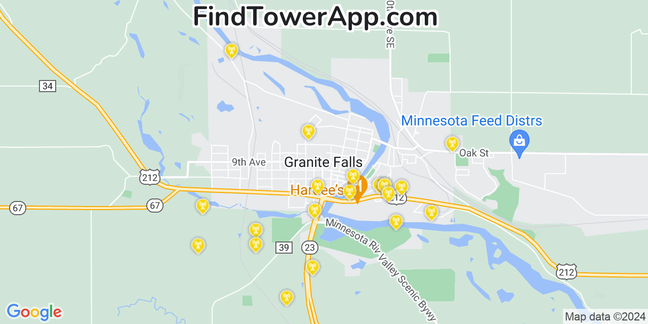 AT&T 4G/5G cell tower coverage map Granite Falls, Minnesota