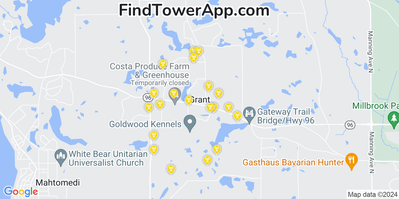 AT&T 4G/5G cell tower coverage map Grant, Minnesota