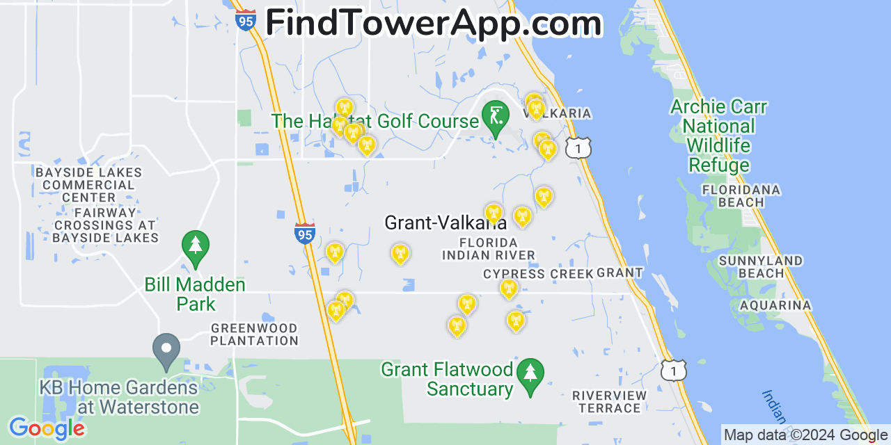Verizon 4G/5G cell tower coverage map Grant Valkaria, Florida