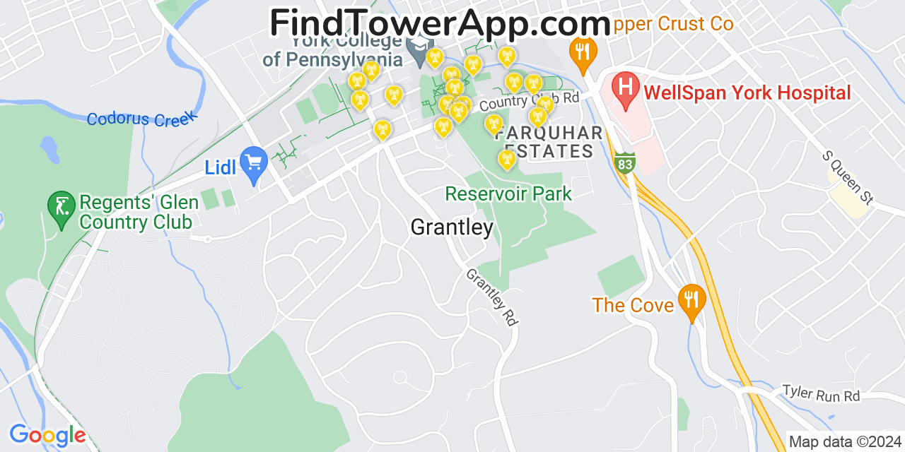 AT&T 4G/5G cell tower coverage map Grantley, Pennsylvania