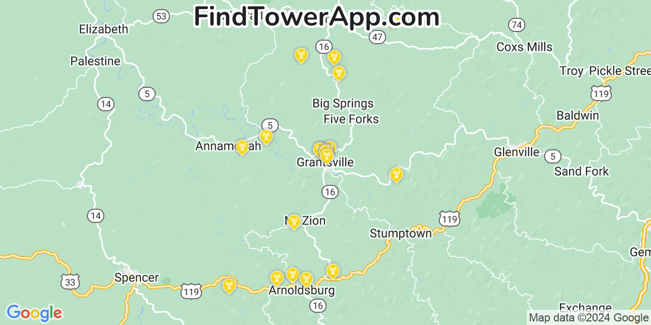 AT&T 4G/5G cell tower coverage map Grantsville, West Virginia