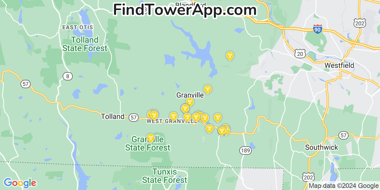 AT&T 4G/5G cell tower coverage map Granville, Massachusetts