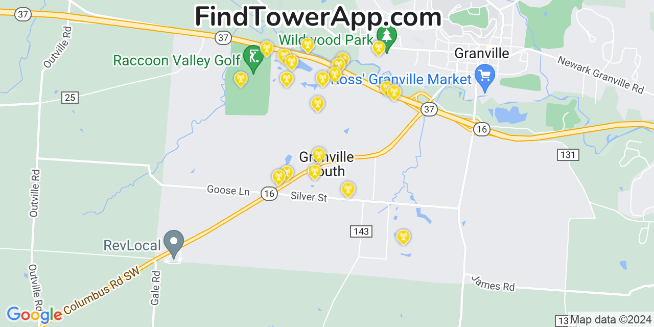AT&T 4G/5G cell tower coverage map Granville South, Ohio