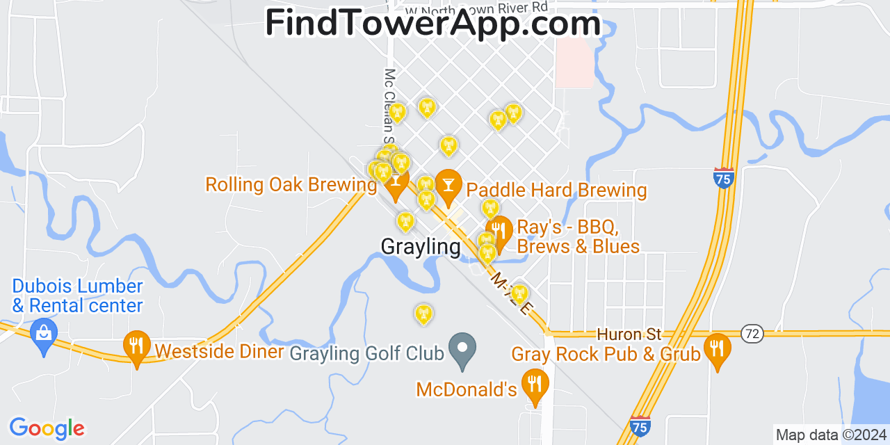 AT&T 4G/5G cell tower coverage map Grayling, Michigan