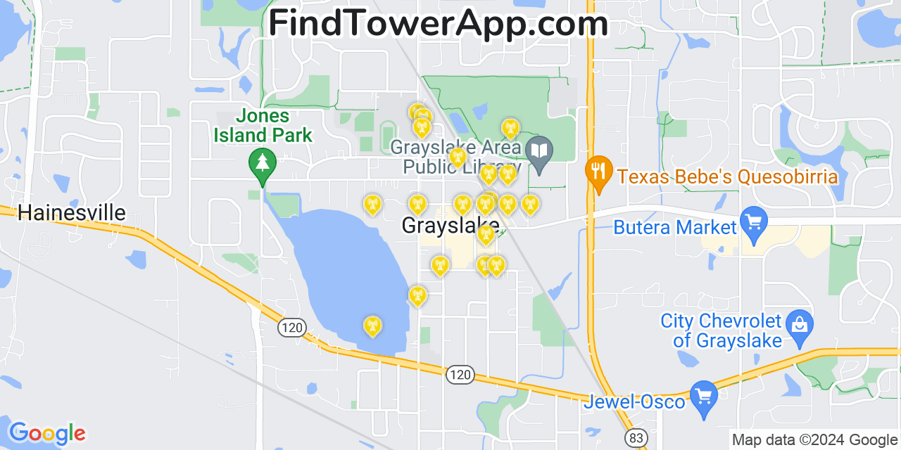 AT&T 4G/5G cell tower coverage map Grayslake, Illinois