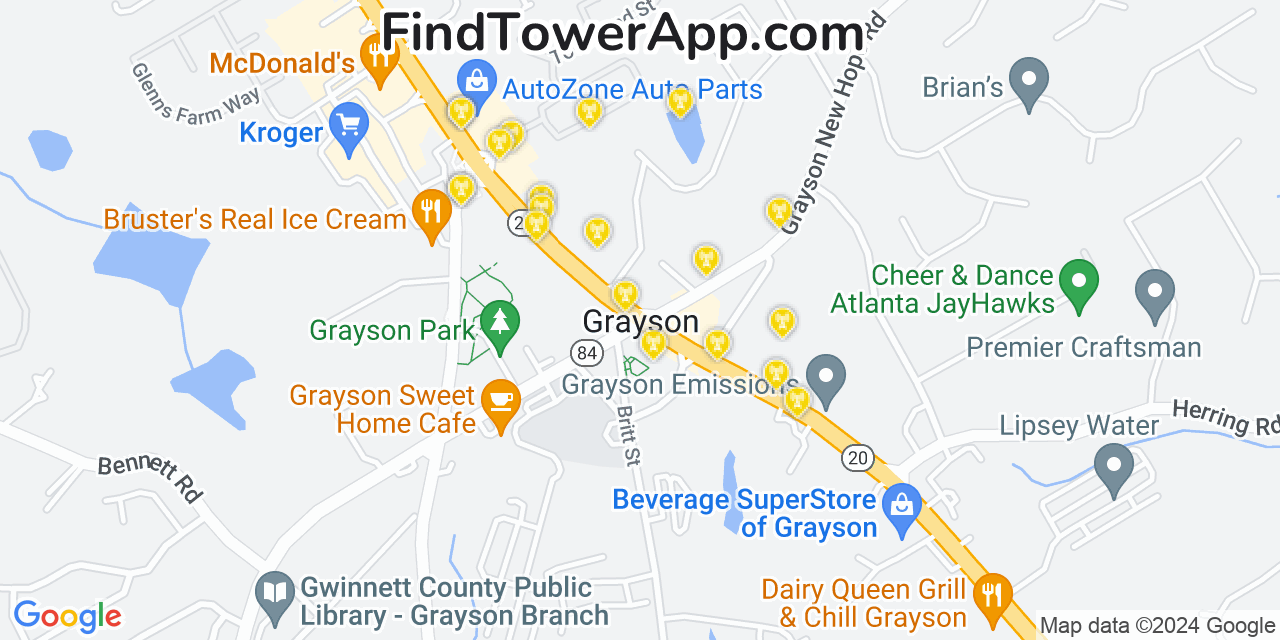 AT&T 4G/5G cell tower coverage map Grayson, Georgia