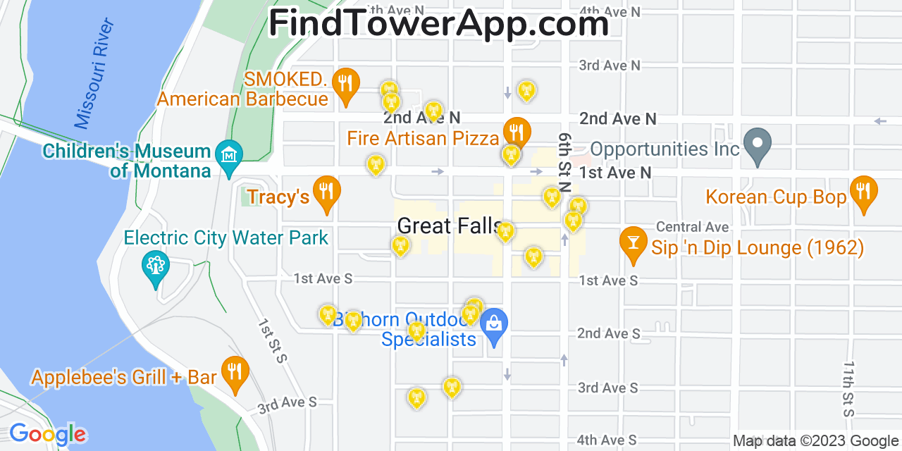 AT&T 4G/5G cell tower coverage map Great Falls, Montana