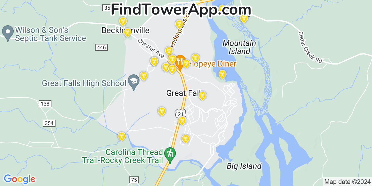 AT&T 4G/5G cell tower coverage map Great Falls, South Carolina