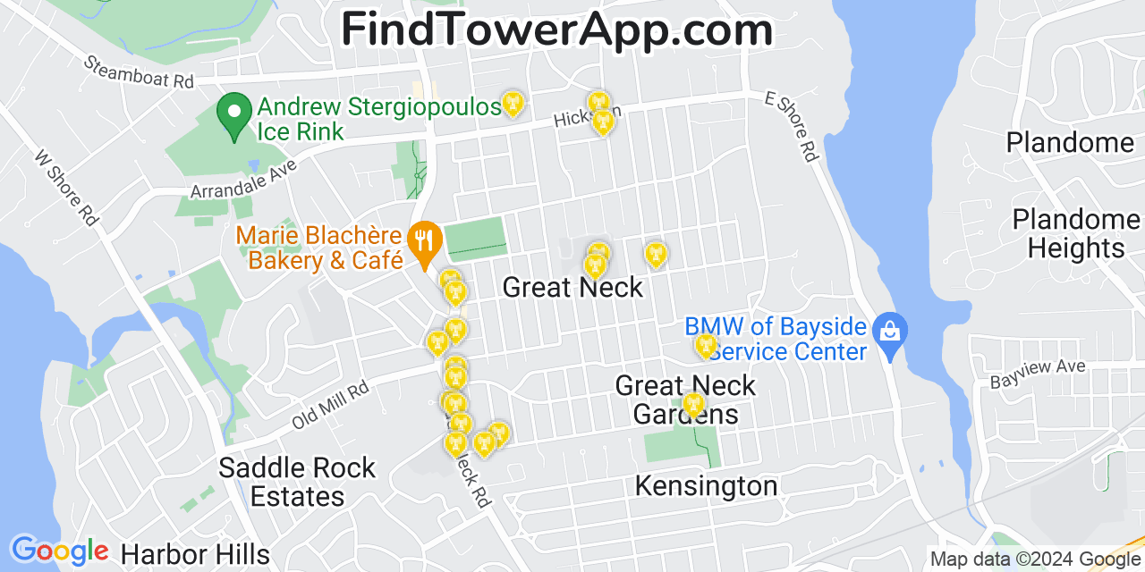 AT&T 4G/5G cell tower coverage map Great Neck, New York