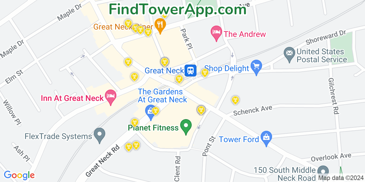 AT&T 4G/5G cell tower coverage map Great Neck Plaza, New York