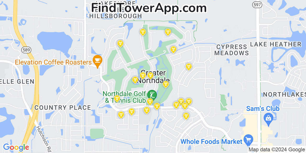 AT&T 4G/5G cell tower coverage map Greater Northdale, Florida