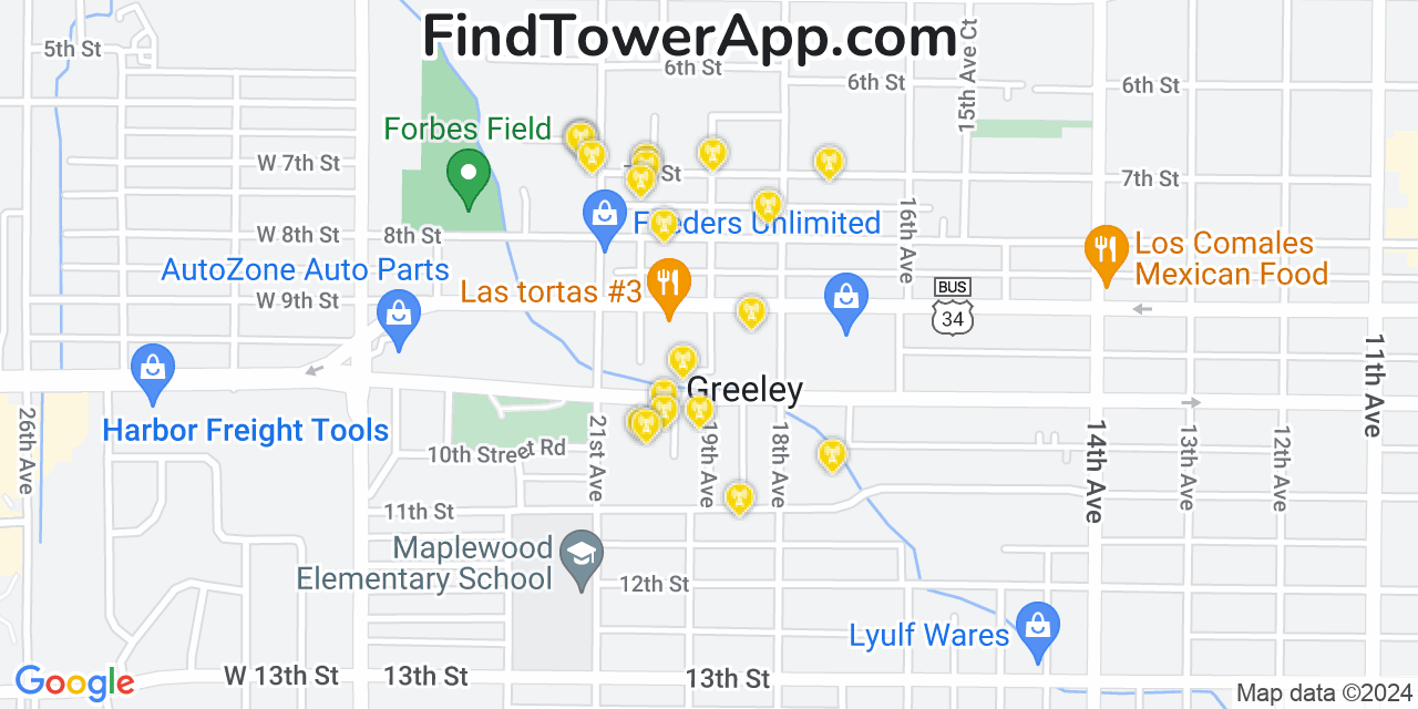 AT&T 4G/5G cell tower coverage map Greeley, Colorado