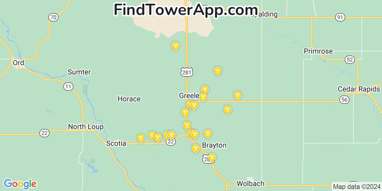 AT&T 4G/5G cell tower coverage map Greeley, Nebraska
