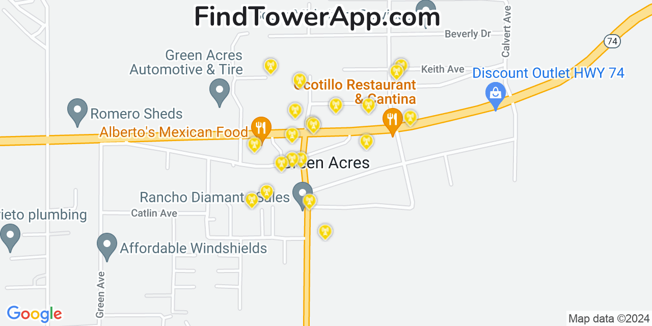 AT&T 4G/5G cell tower coverage map Green Acres, California