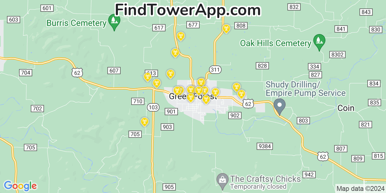 AT&T 4G/5G cell tower coverage map Green Forest, Arkansas