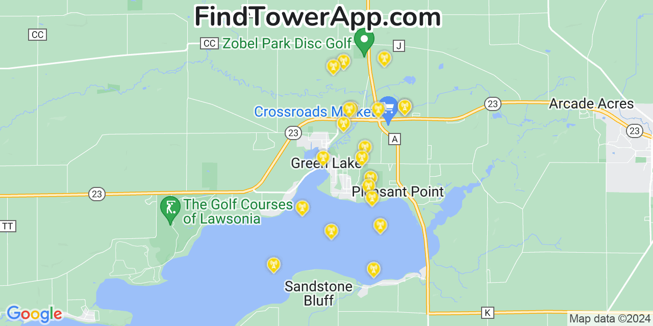 AT&T 4G/5G cell tower coverage map Green Lake, Wisconsin