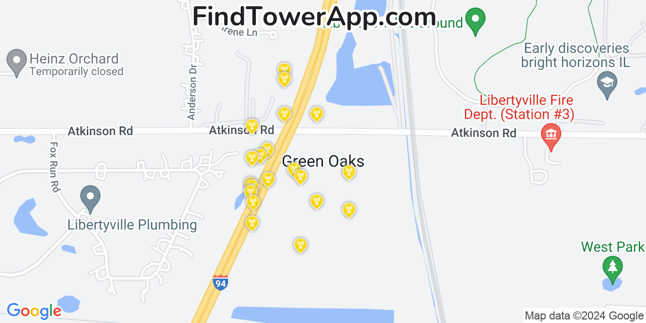 AT&T 4G/5G cell tower coverage map Green Oaks, Illinois