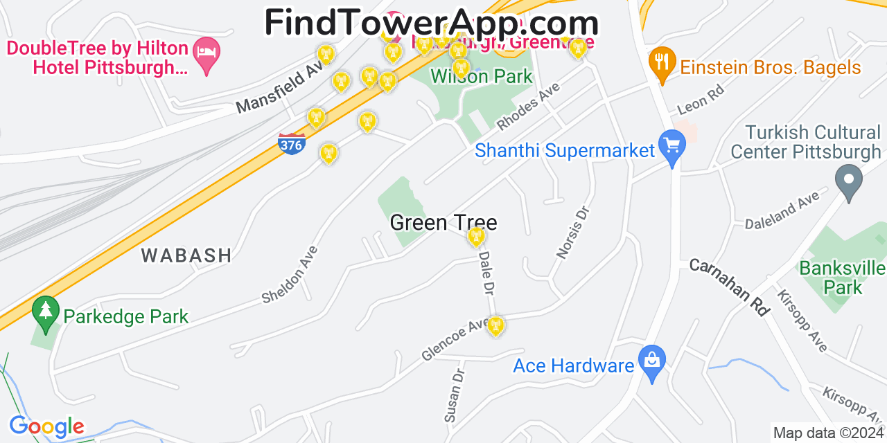 AT&T 4G/5G cell tower coverage map Green Tree, Pennsylvania