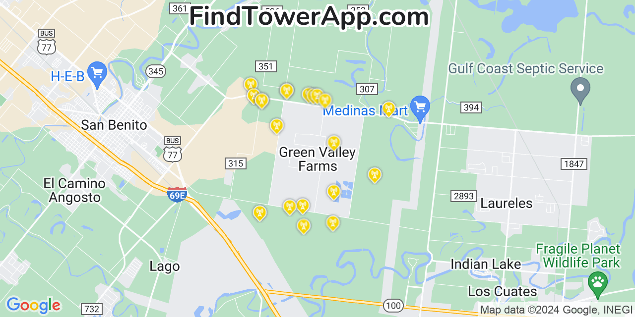 AT&T 4G/5G cell tower coverage map Green Valley Farms, Texas