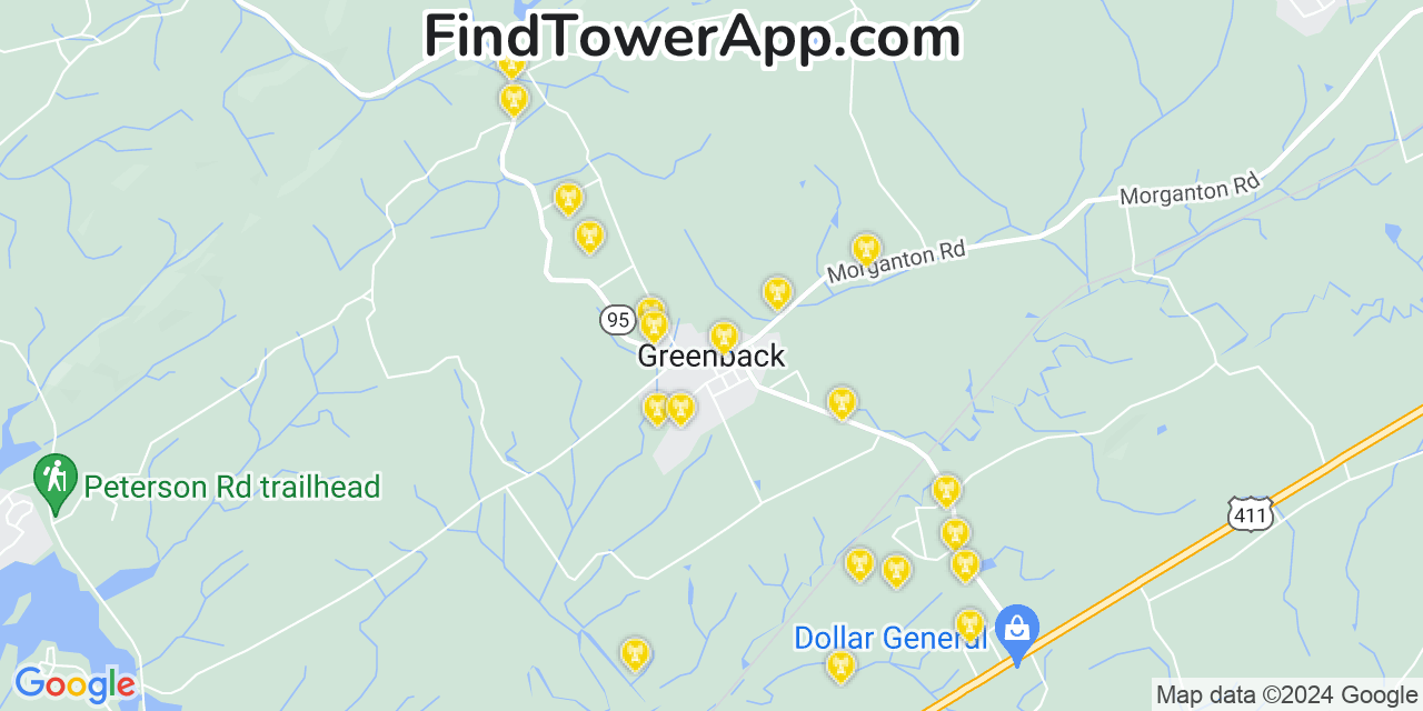 AT&T 4G/5G cell tower coverage map Greenback, Tennessee
