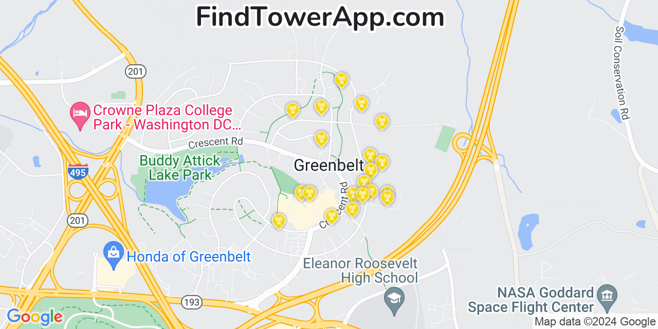 AT&T 4G/5G cell tower coverage map Greenbelt, Maryland