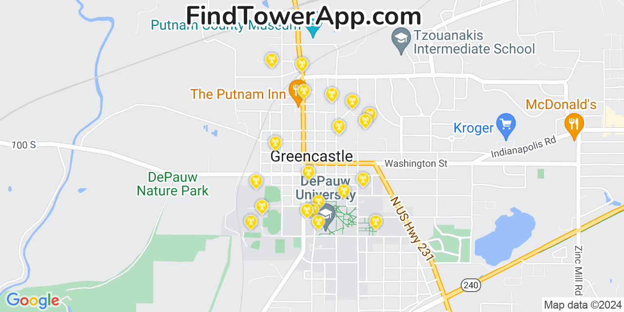 AT&T 4G/5G cell tower coverage map Greencastle, Indiana