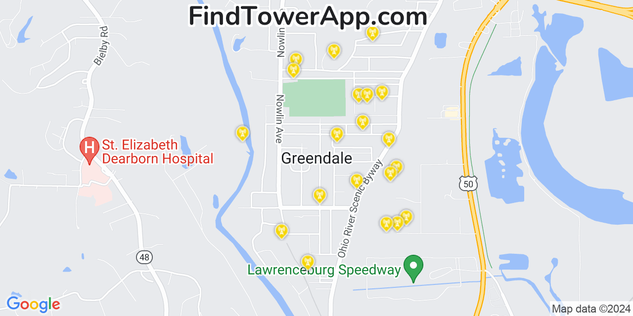 AT&T 4G/5G cell tower coverage map Greendale, Indiana