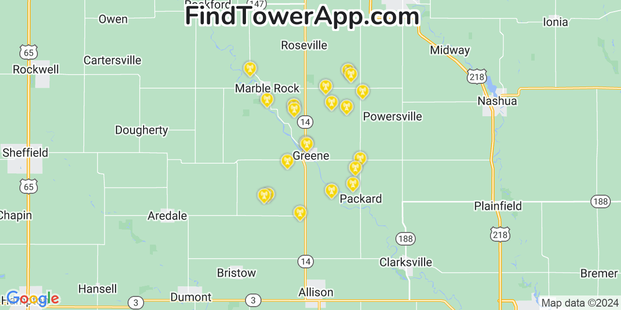 AT&T 4G/5G cell tower coverage map Greene, Iowa