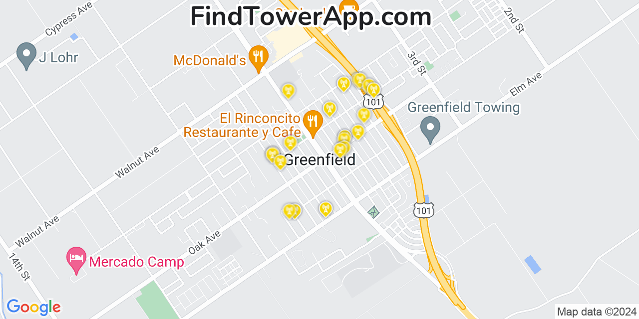 Verizon 4G/5G cell tower coverage map Greenfield, California