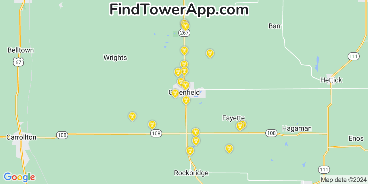 AT&T 4G/5G cell tower coverage map Greenfield, Illinois
