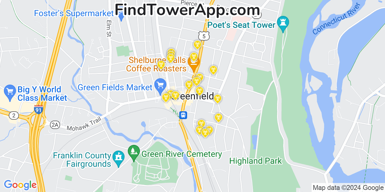 AT&T 4G/5G cell tower coverage map Greenfield, Massachusetts