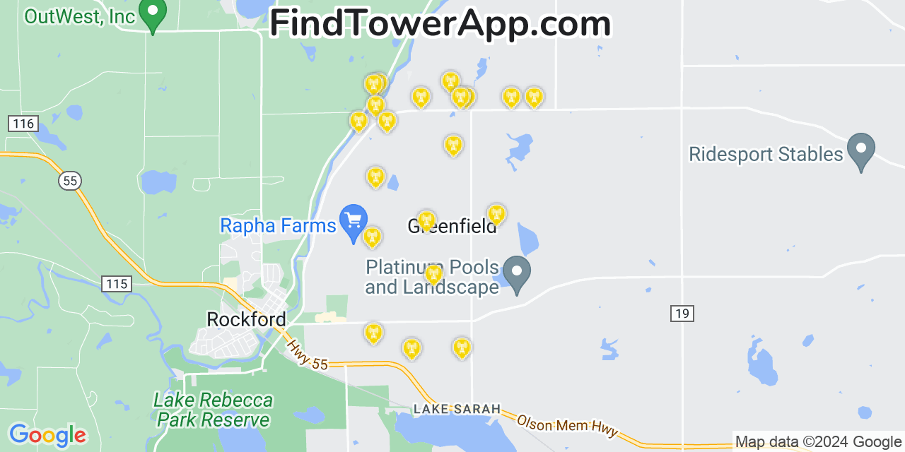 AT&T 4G/5G cell tower coverage map Greenfield, Minnesota